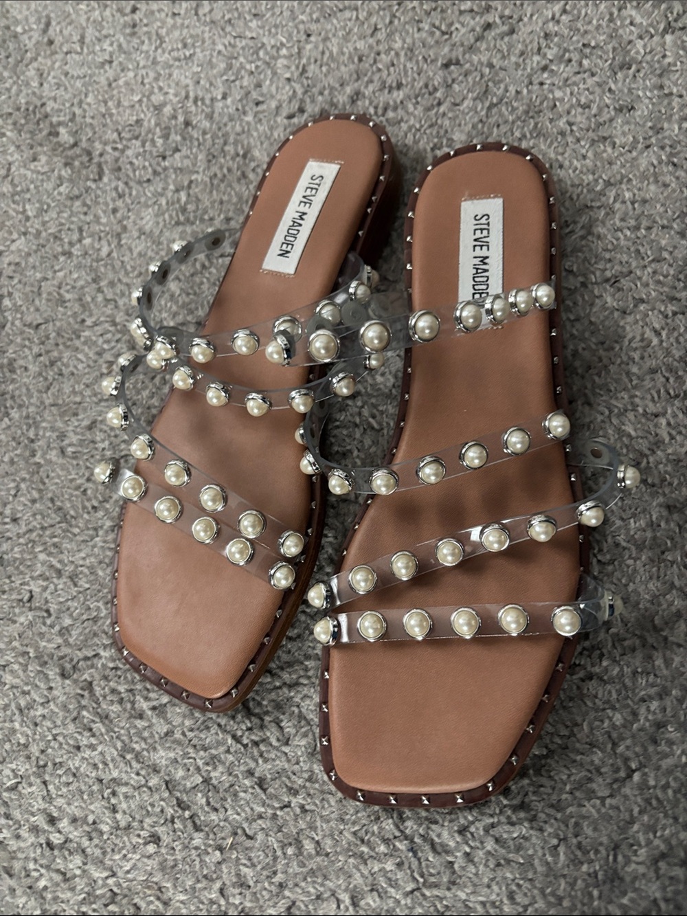 Steve Madden Brown Slip-On Sandals with Pearl-Studded Clear Straps